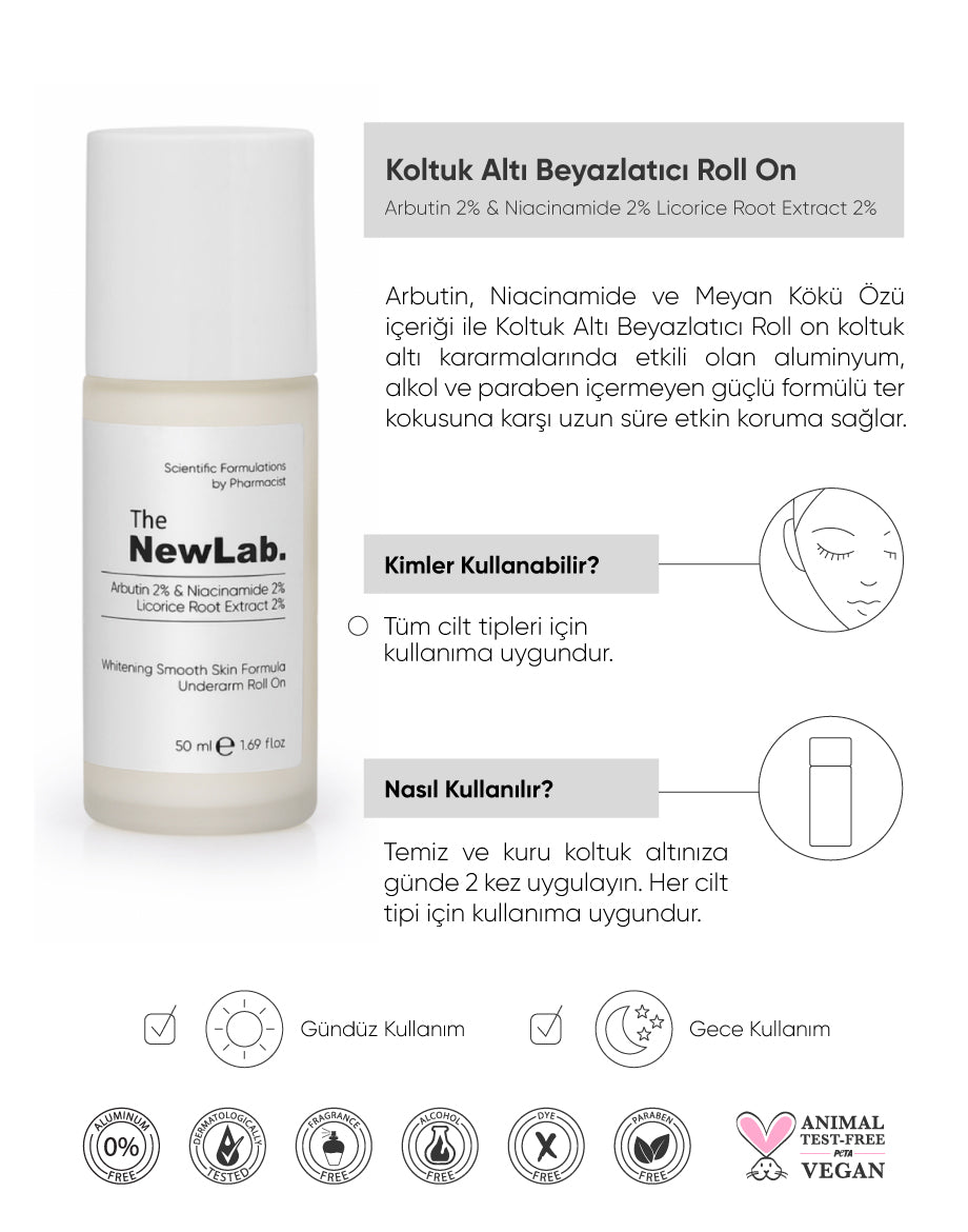 Arbutin, Niacinamide ve Meyan Kökü Özü içerikli Koltuk Altı Beyazlatıcı Roll on 50 ml