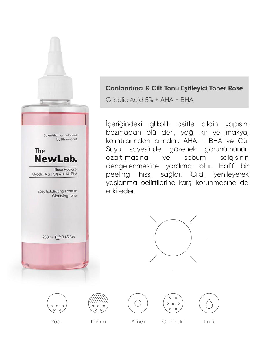 Canlandırıcı &amp; Cilt Tonu Eşitleyici Toner Rose Hydrosol Glycolic Acid 5% &amp; AHA+BHA 250 ml